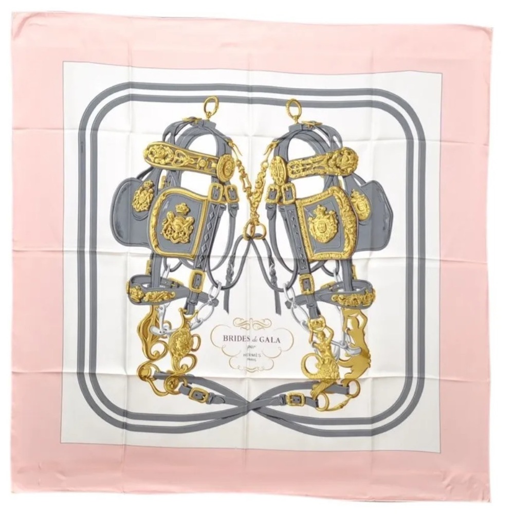 HERMES Carre 90 Scarf "BRIDES de GALA par" Silk Pink and White Authentic - Picture 3 of 12